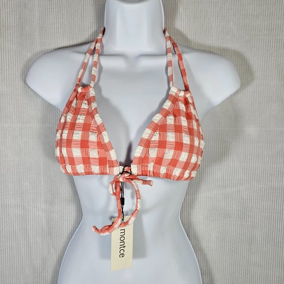 Montce Swim Shrimp Gingham Euro Bow Bikini Top Pink Size LARGE, Fit Medium - NWT - Picture 4 of 8